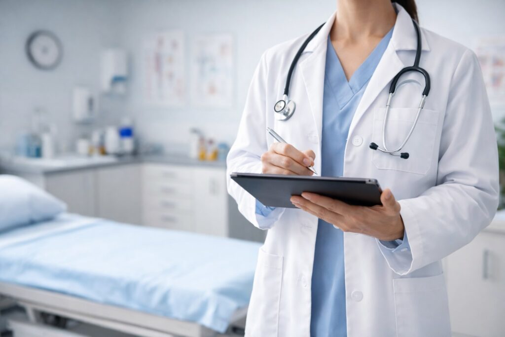 Image of a doctor in a white coat holding a digital tablet and stylus in a bright clinical room, symbolizing the use of artificial intelligence in healthcare.