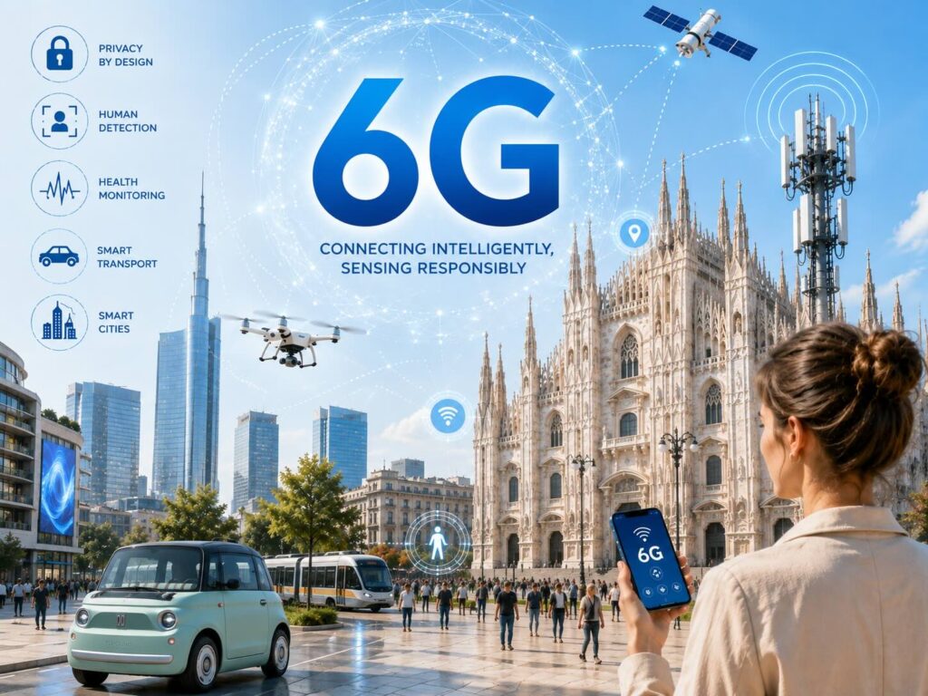 llustration of a futuristic 6G smart city in Milan featuring the Duomo di Milano, modern skyscrapers, a compact electric microcar, tram, drone, mobile tower, satellite, pedestrians and digital network overlays representing communications, environmental sensing and connected infrastructure.